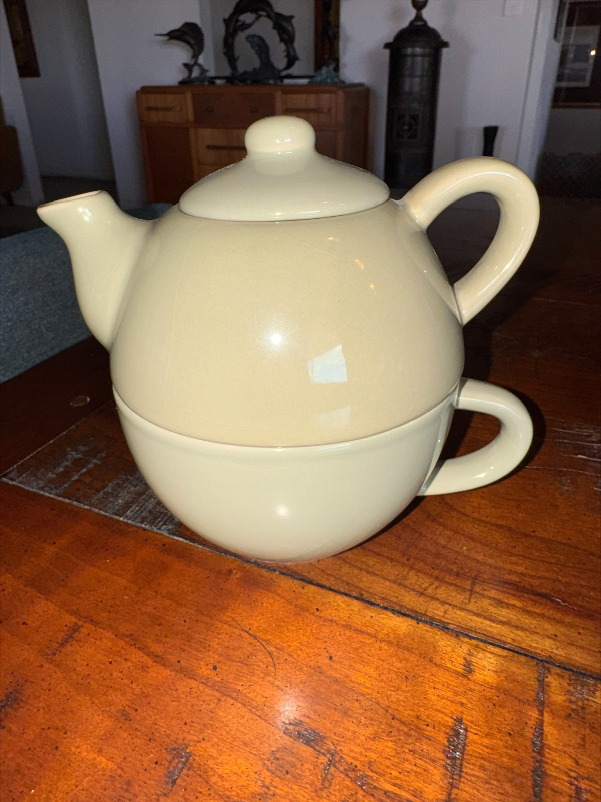 Pier 1 Teapot Mug Set Stackable Tea For One Yellow Green Crackle Glaze China Set