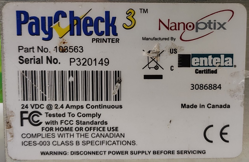 NANO PTIX PAYCHECK PRINTER 24VDC @ 2.4A CLASS B 103563