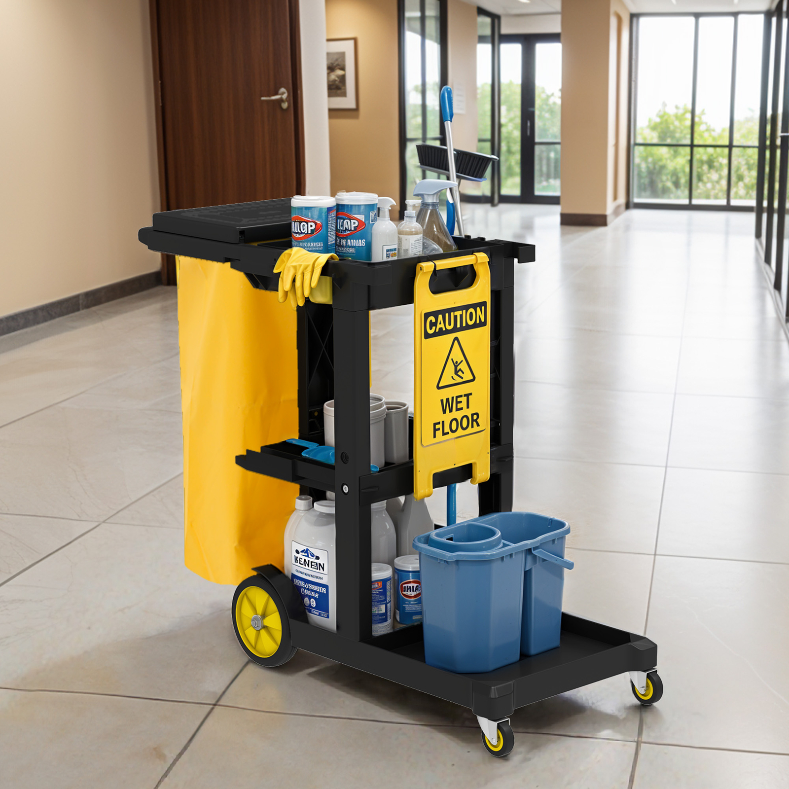 Industrial Janitorial Utility Cart 3 Shelf Rolling Cleaning Cart with Trash Bags