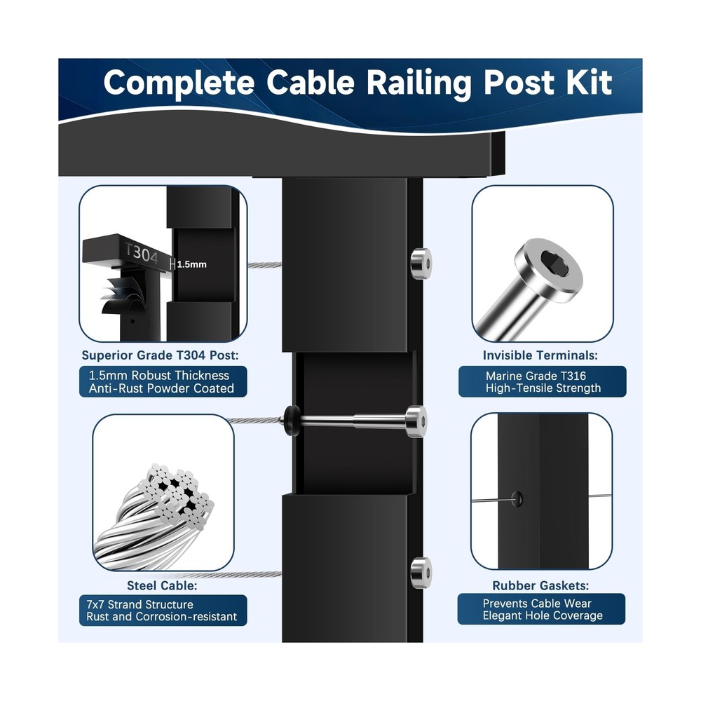 36" One-Stop Cable Railing Post Kit, 4 Pack Fixed Top Level Drilled Line Post...
