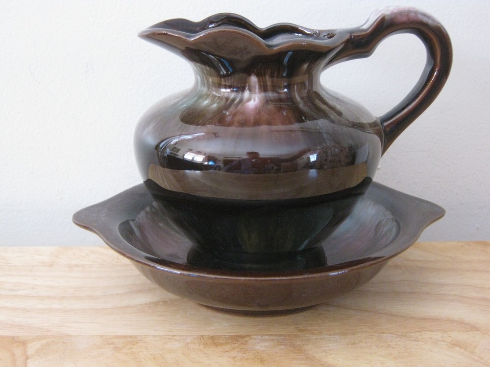 Hand Painted Drip Glaze Multicolored Pitcher & Bowl Set