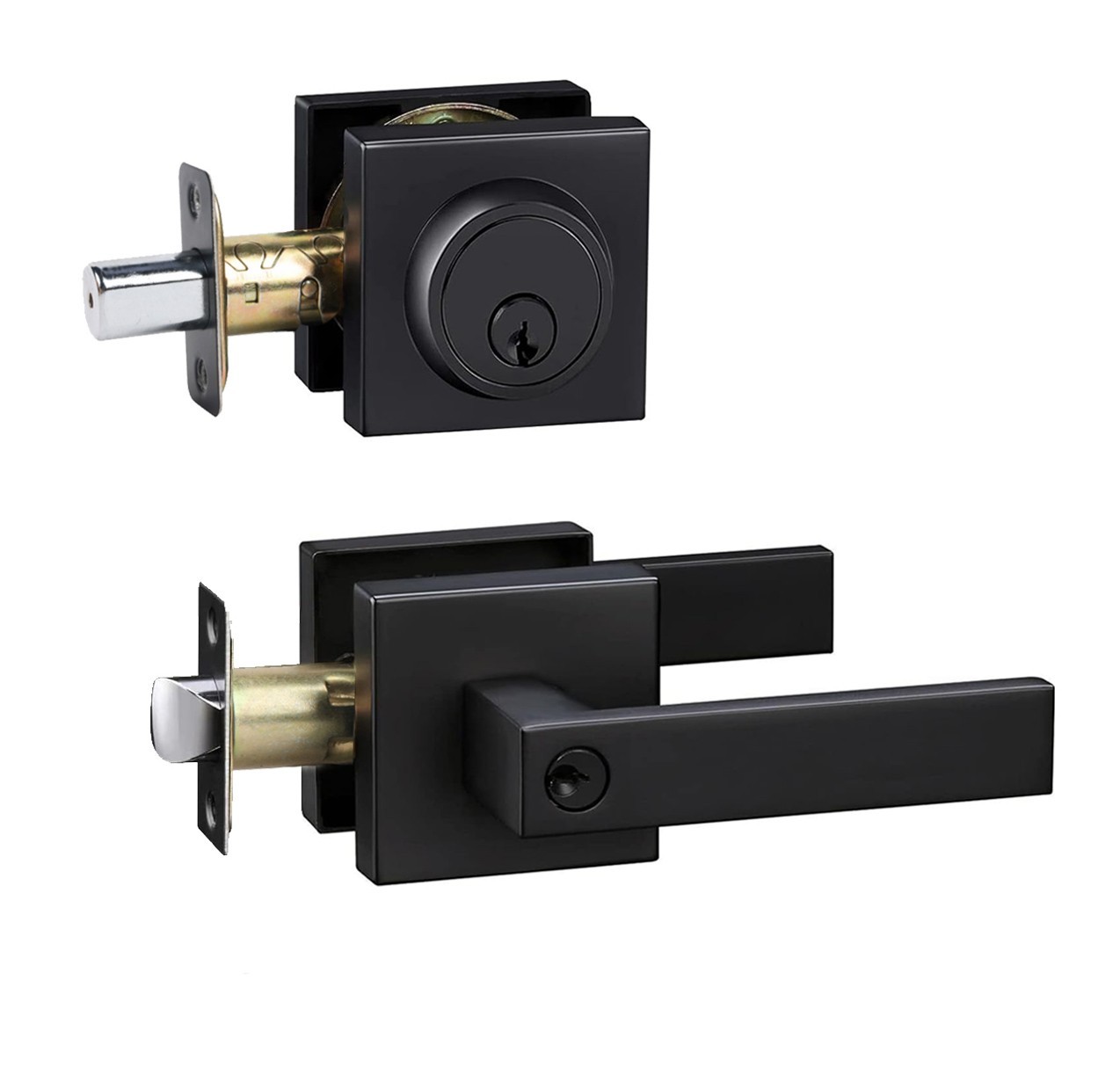 Front Door Lock Set,Keyed Alike Door Handle with Single Cylinder Deadbolt,Black