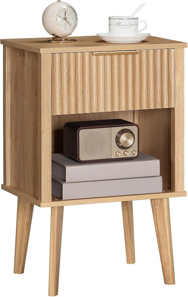 End Table, Fluted Night Stand, Modern Side Bedside Table with Natural