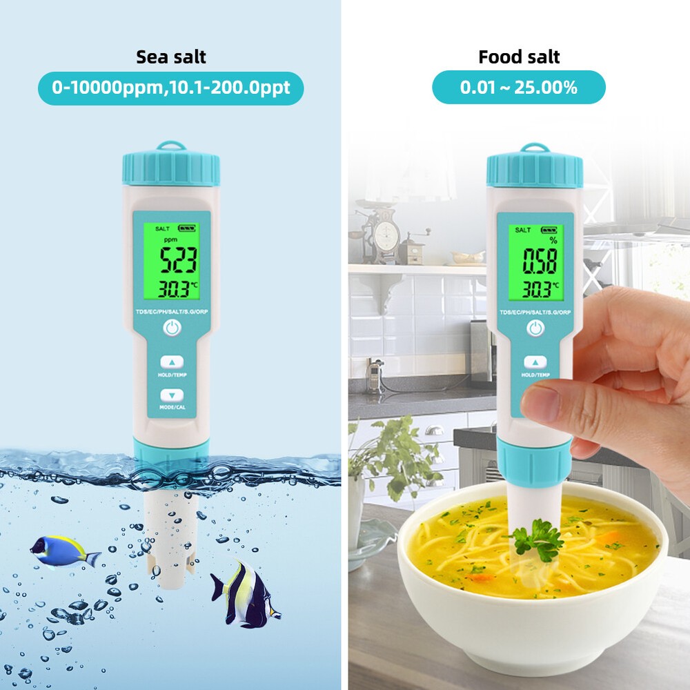 Portable Digital Water Quality Meter Tester LCD PH/TDS/EC/ORP/TEMP/SG/Salinity
