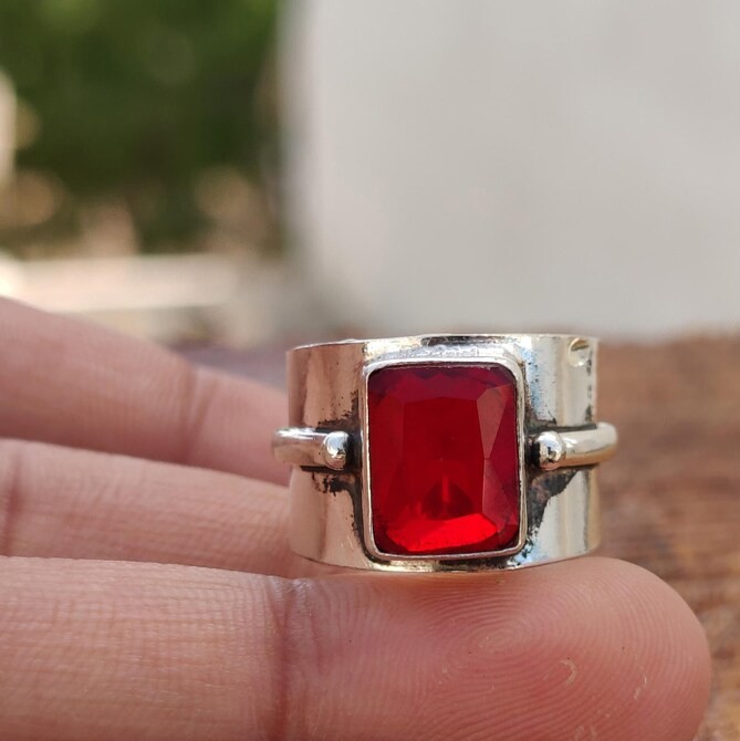 Solid 925 Sterling Silver Natural Red Garnet Rectangular Gemstone Wide Band Ring