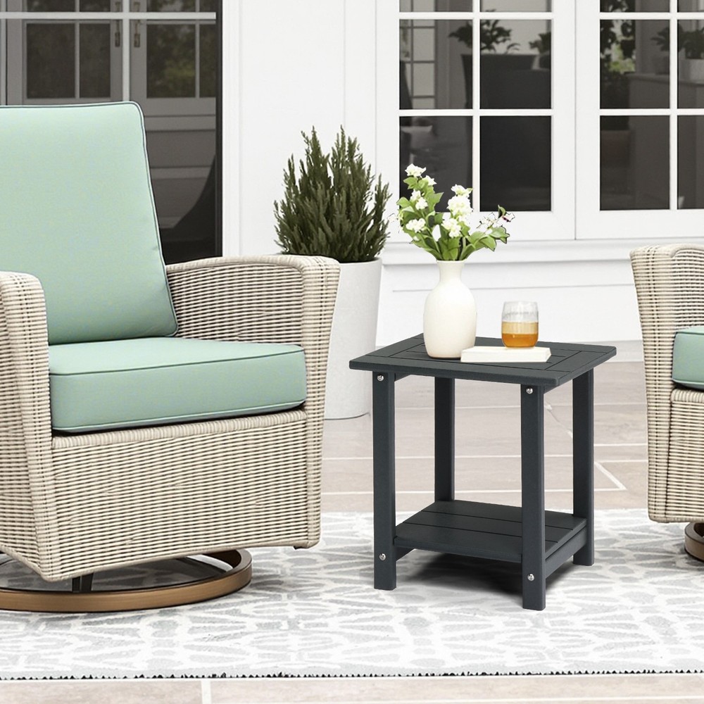 2-Tier Outdoor Side Table,Weather Resistant End Table Small Outdoor Table,Square