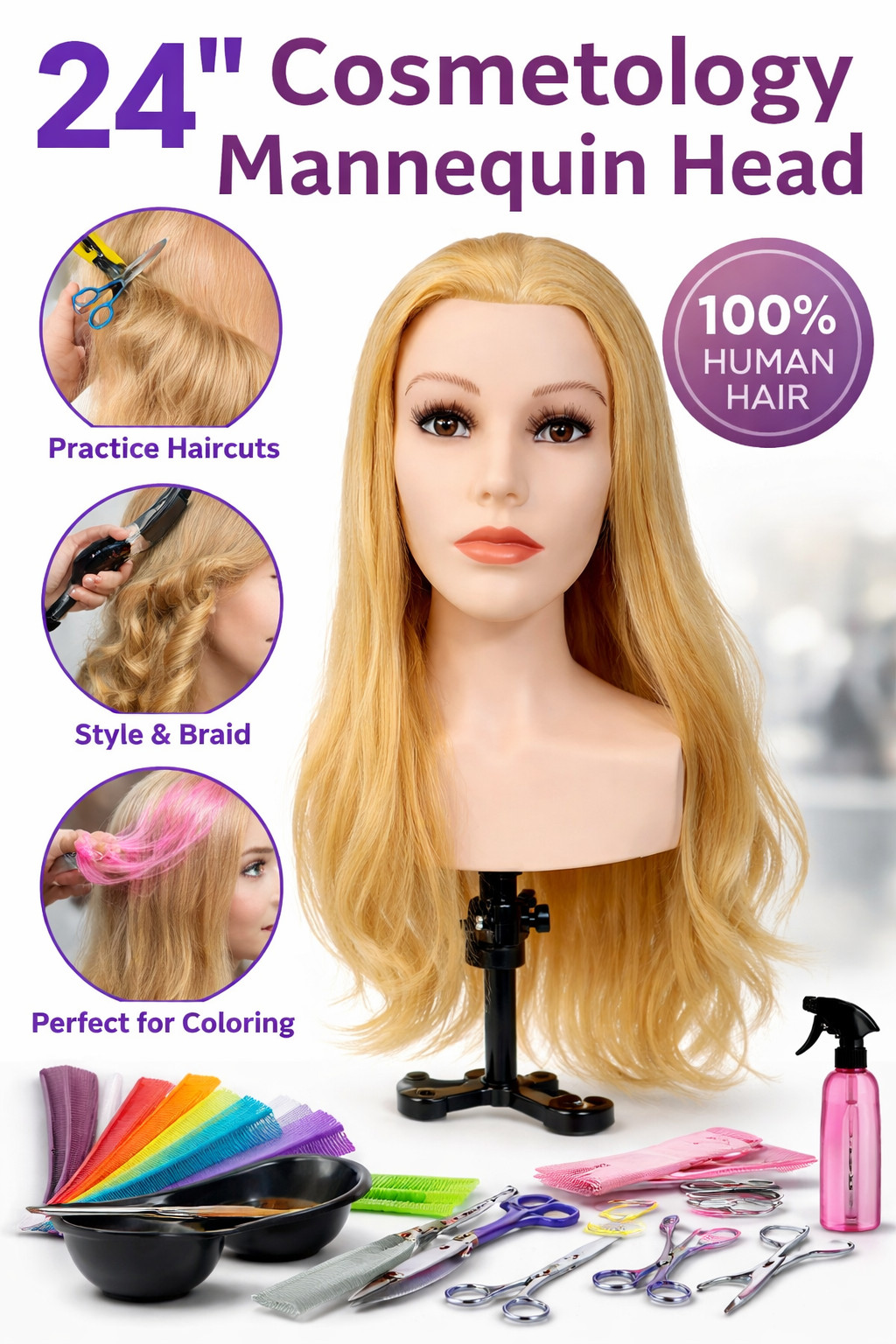 24" Cosmetology Mannequin Head 100% Human Hair Haircut Styling Training Doll