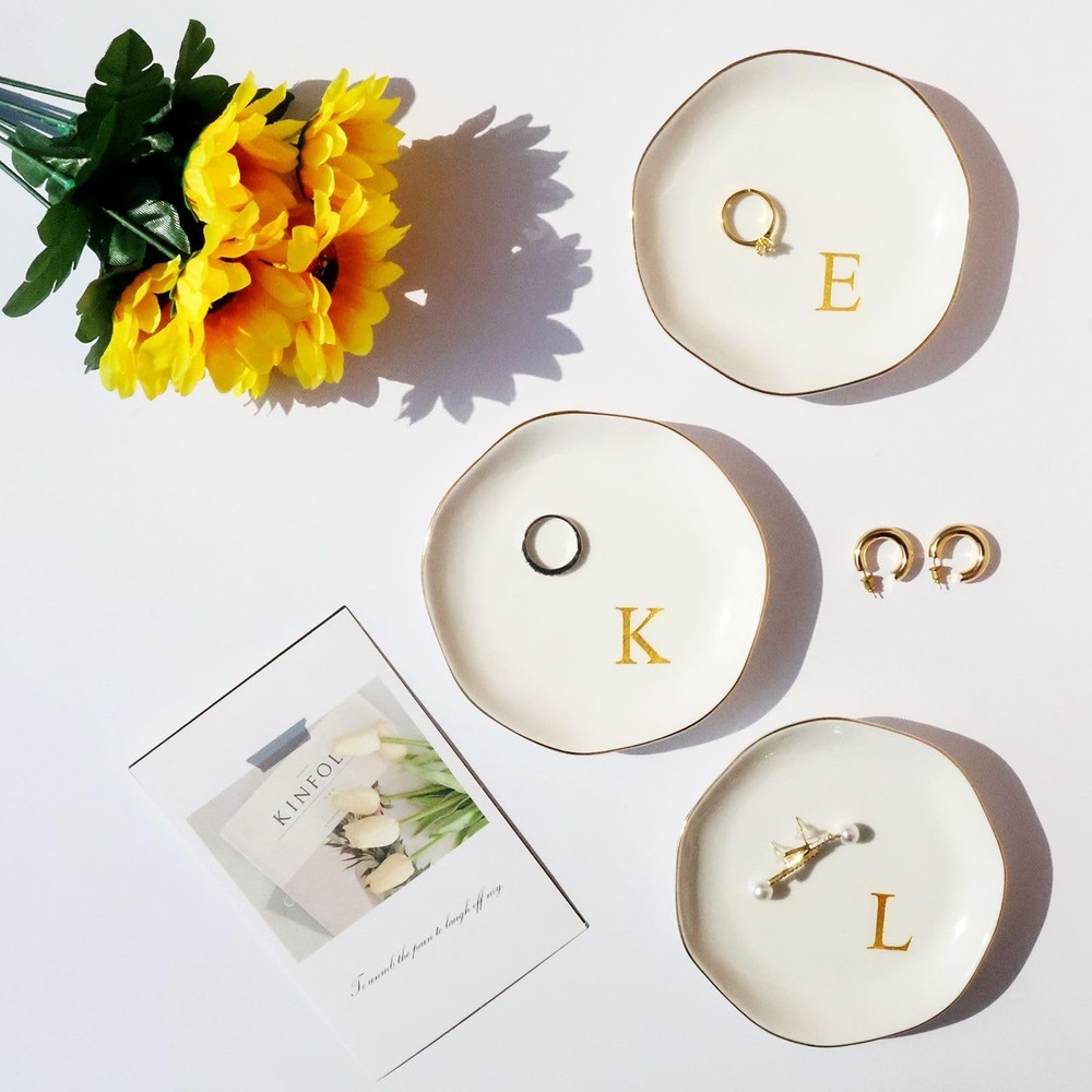 Yoqanr Ceramic Jewelry Tray Initial Ring Dish Personalized A-Monogrammed Enga...