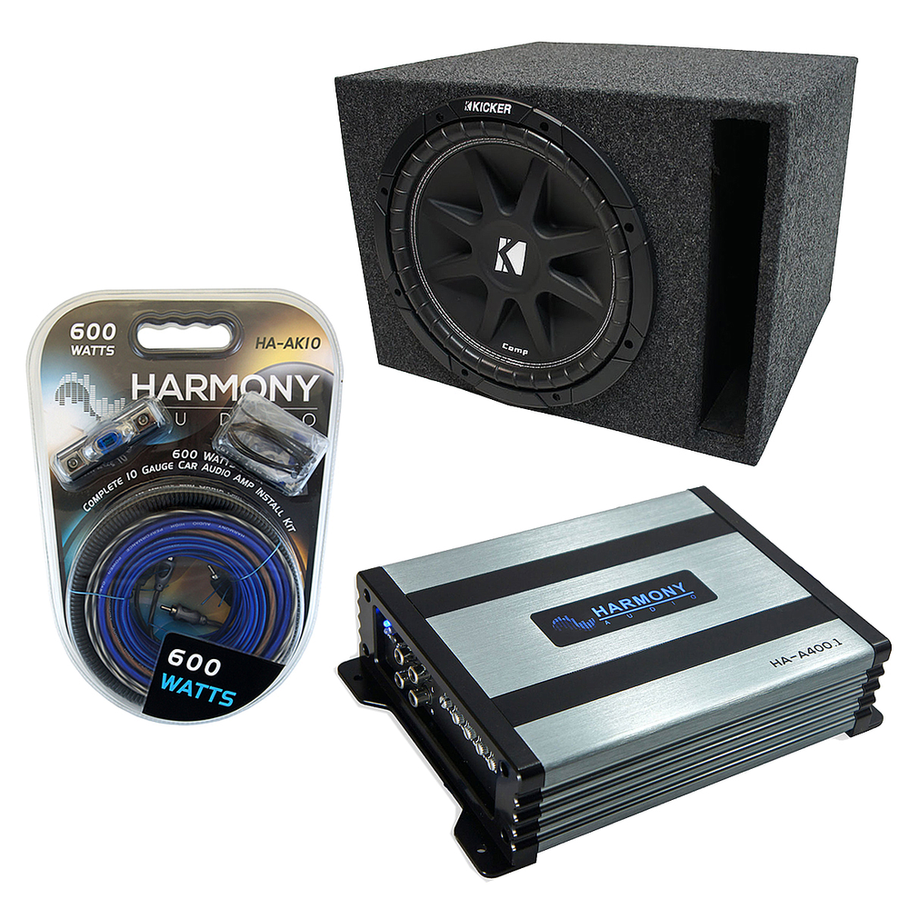 Kicker C10 Subwoofer Single 10" Ported Sub Box Enclosure Bundle W/ HA-A400.1 Amp