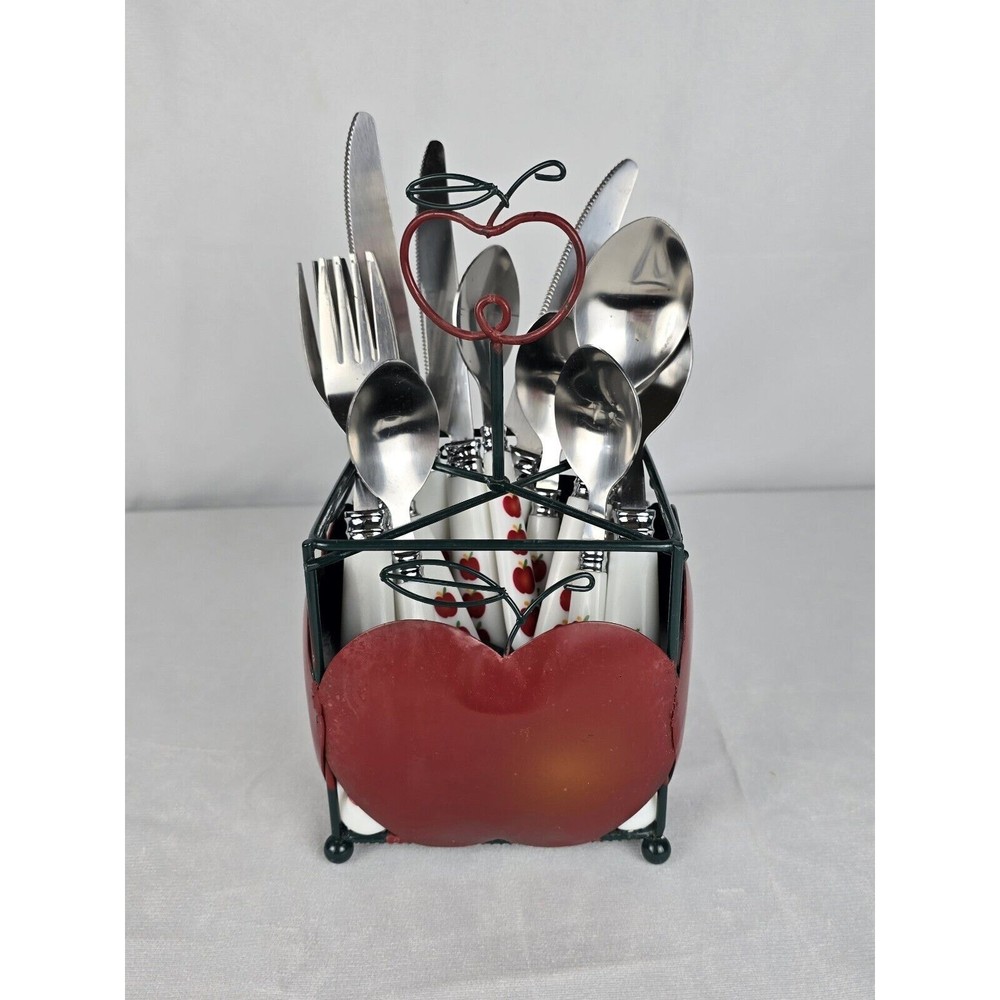 Apple Flatware Set & Holder Farmhouse Fruit Vintage Plastic Handle