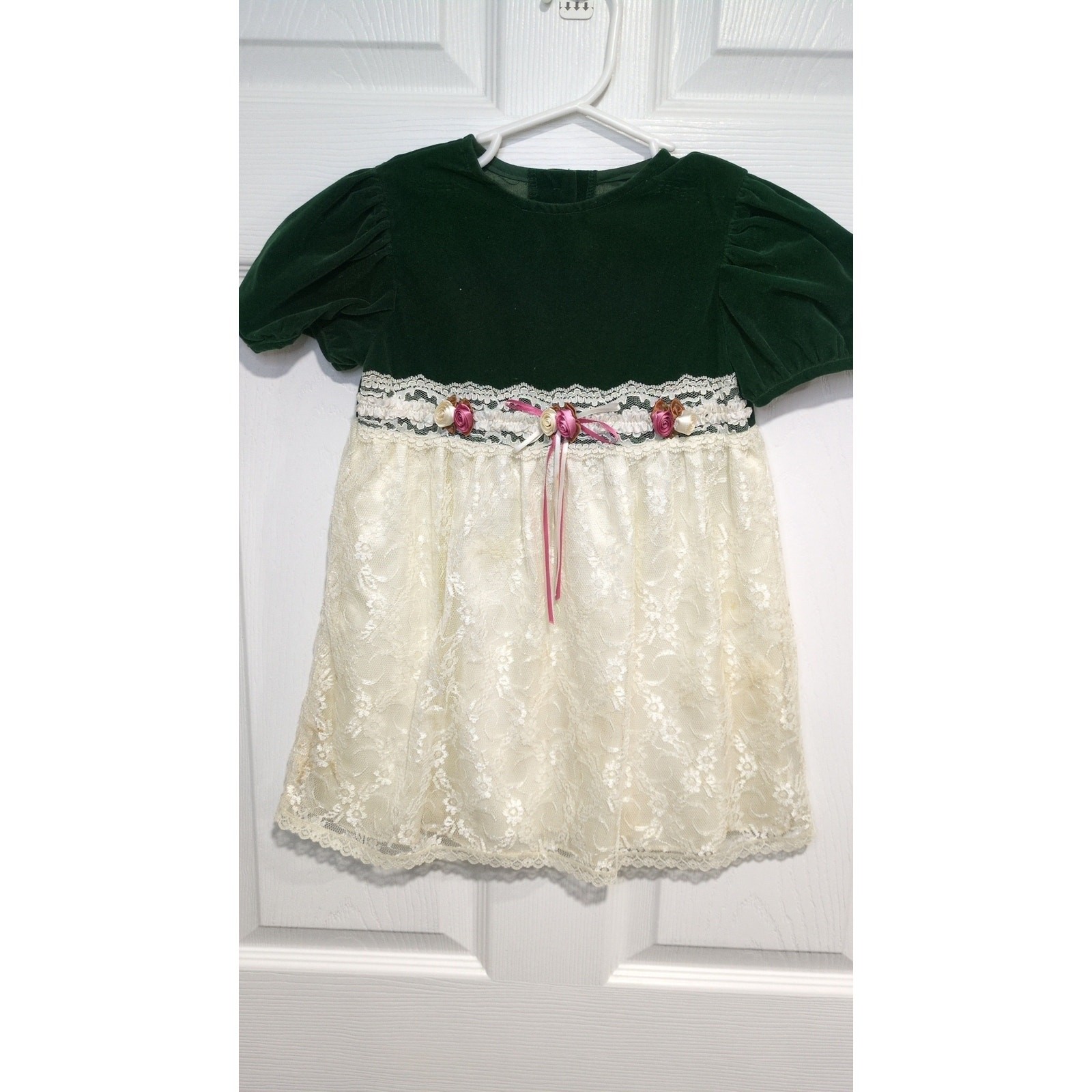 Vintage Retro Paper Tag Green Cream Lace Bow Velvour Short Sleeve Dress 4T