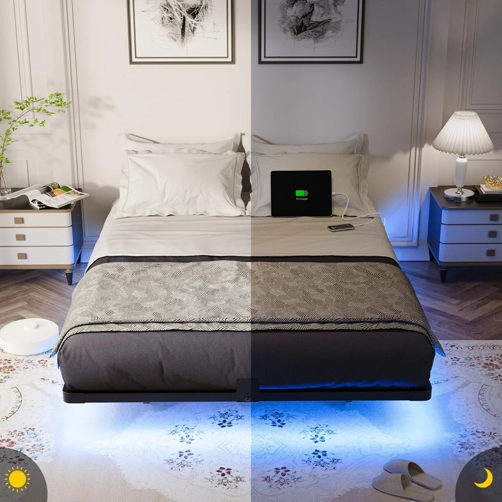 **OLEVS Full Floating Bed Frame w/ LED Lights & Charging Station – No Box Spring