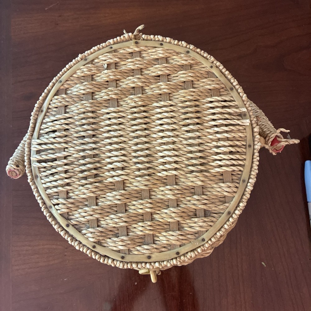 Vintage Round Woven Wicker Sewing Basket Small Boho lined w./ plastic insert