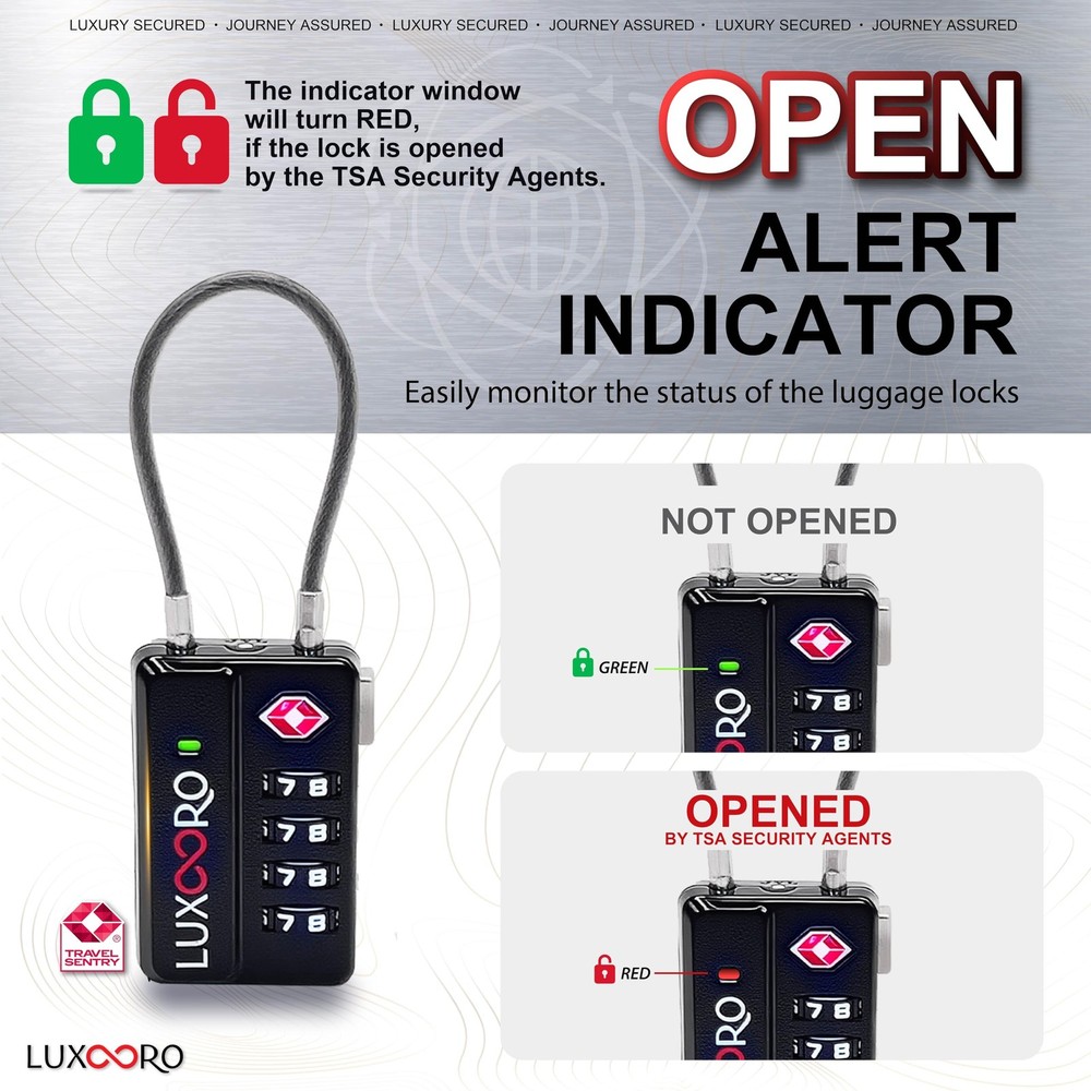 Tool-Less TSA Approved Luggage Lock with Alert Indicator, 4-Digit Resettable ...