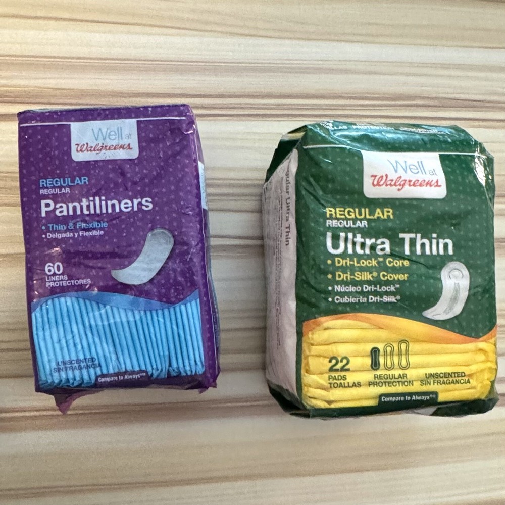 WELL AT WALGREENS ULTRA THIN REGULAR PADS 22 COUNT AND 60 REGULAR PANTILINERS