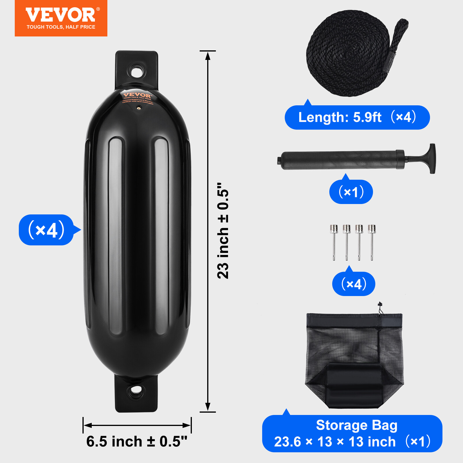 VEVOR Boat Fenders Inflatable Ribbed Boat Bumpers for Docking 6.5" x 23" Black