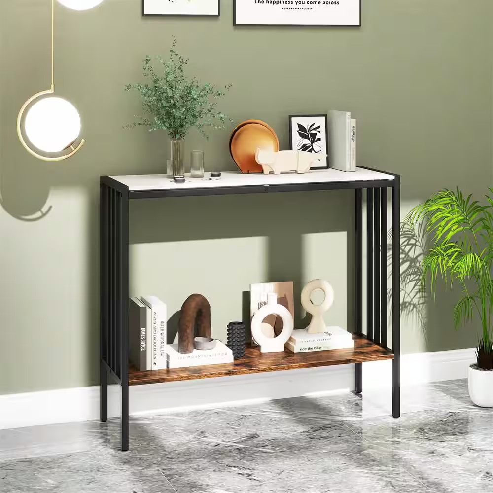 36 In. White Rectangle Sintered Stone Tabletop Console Table with Open Shelf for