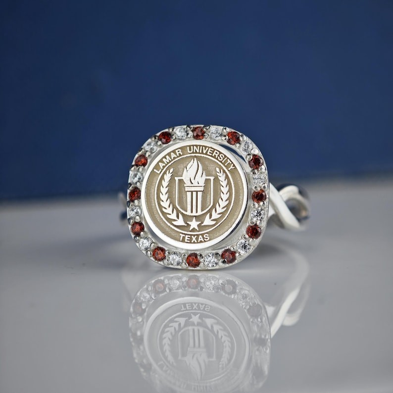 Lamar University Class Ring Silver Custom Grad Ring Red White CZ Stones