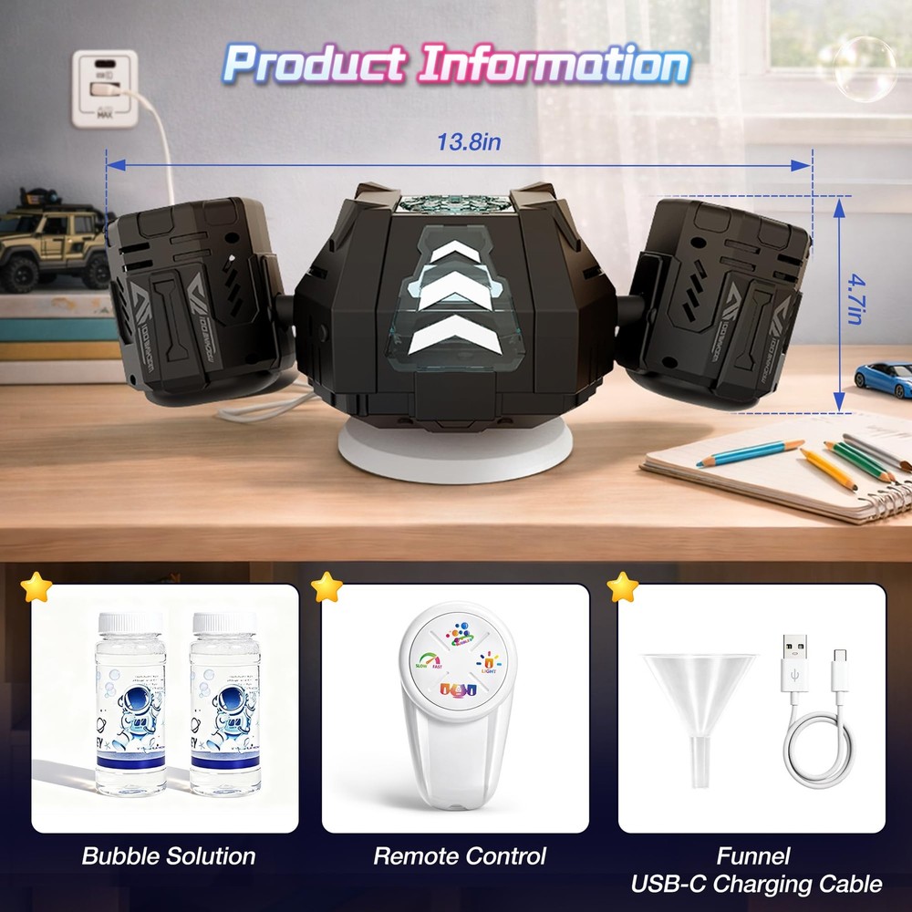 Rechargeable Bubble Machine, 360° Automatic Rotation Bubble Machine for Kids,...