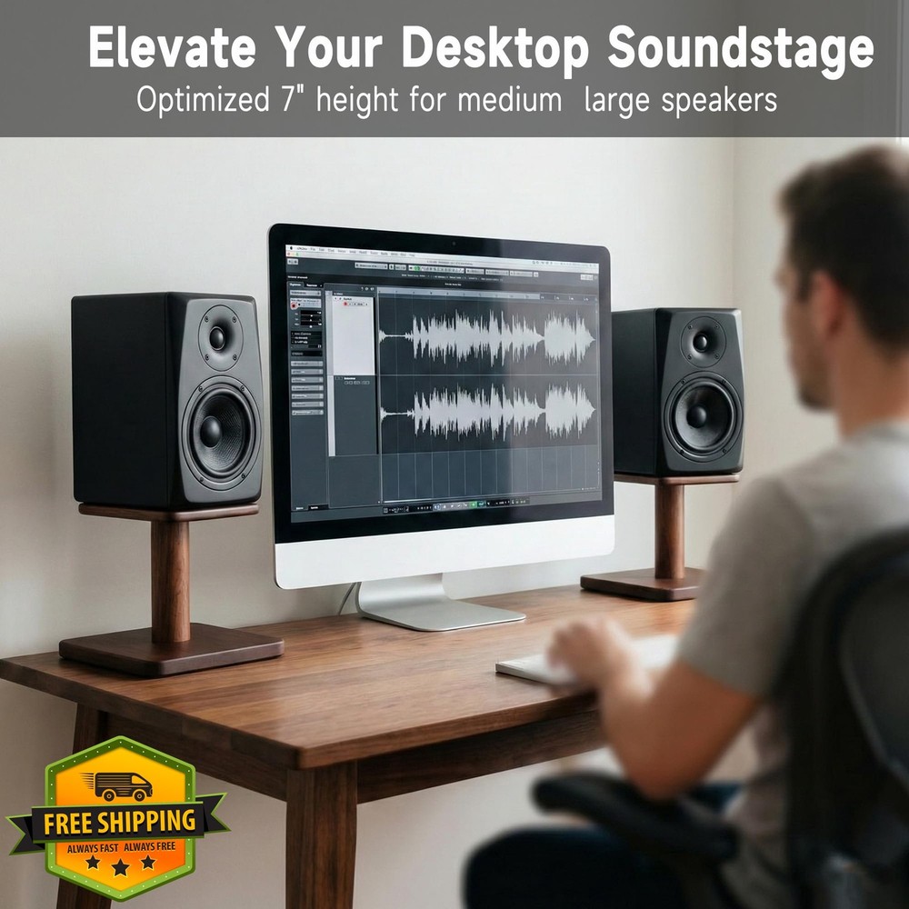 OKOstand Solid Wood Desktop Speaker Stands 7" Walnut Brown Rotatable