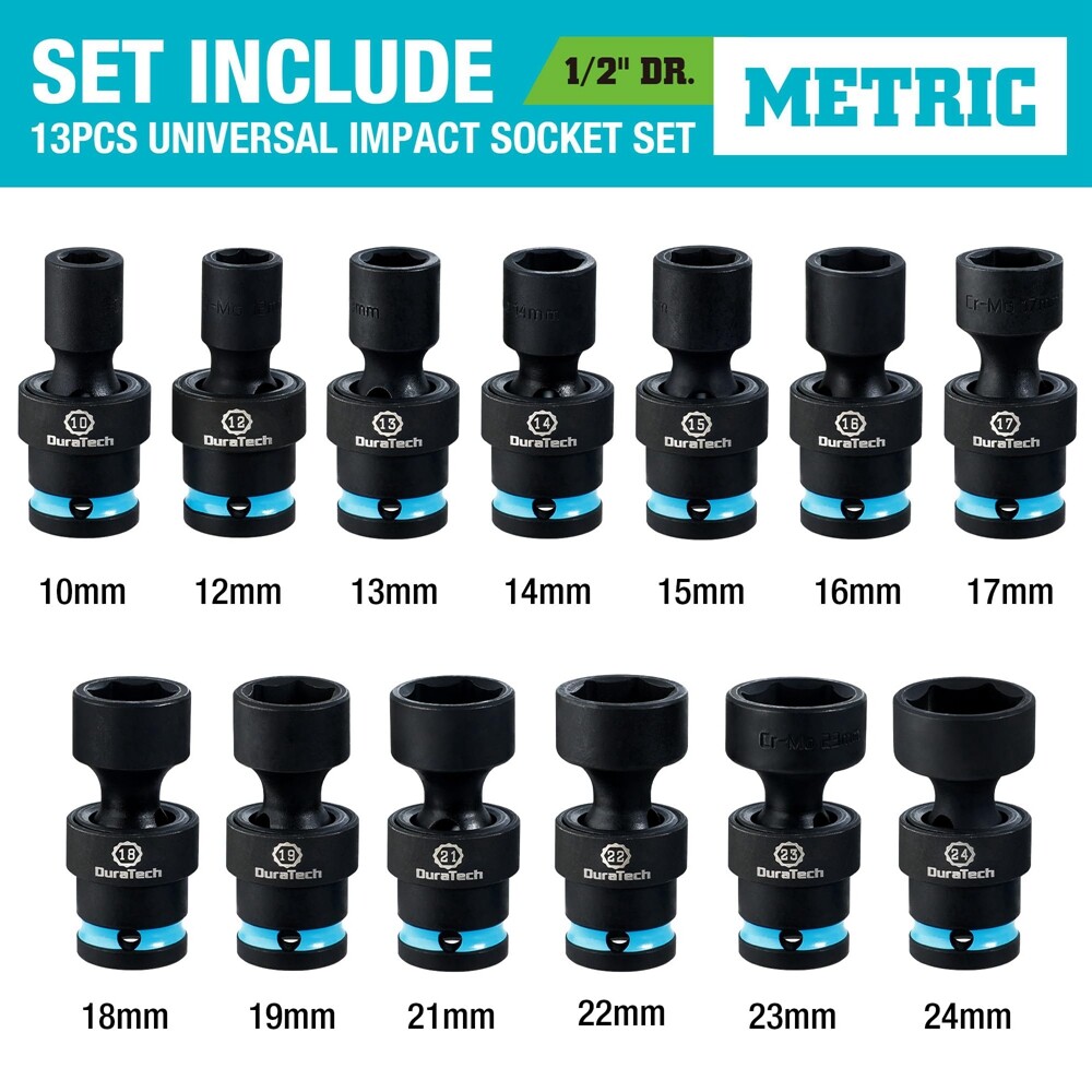 DURATECH 13PCS 1/2" Dr Swivel Socket Set Shallow Universal Impact Metric 10-24mm