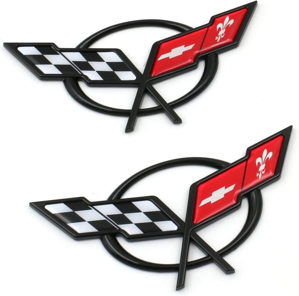 Black Red Fits 97-04 C5 Front Nose & Rear Deck Lid Crossed Flags Emblems Pair
