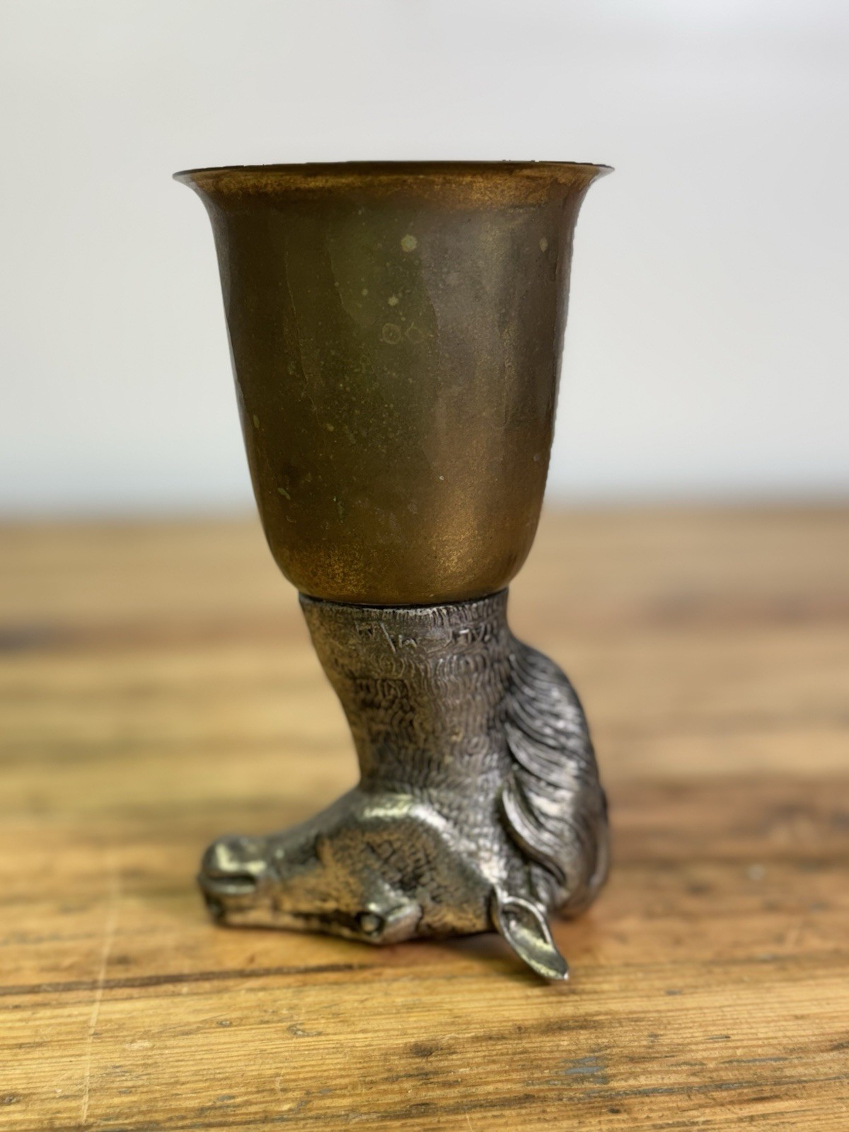 VINTAGE SIGNED MAURO MANETTI ITALY STIRRUP CUP HORSE HEAD BRASS AND SILVER PLATE