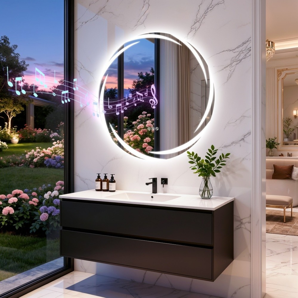 32" Smart LED Bathroom Mirror Wall-Mounted with Bluetooth Speaker Dimmable Round