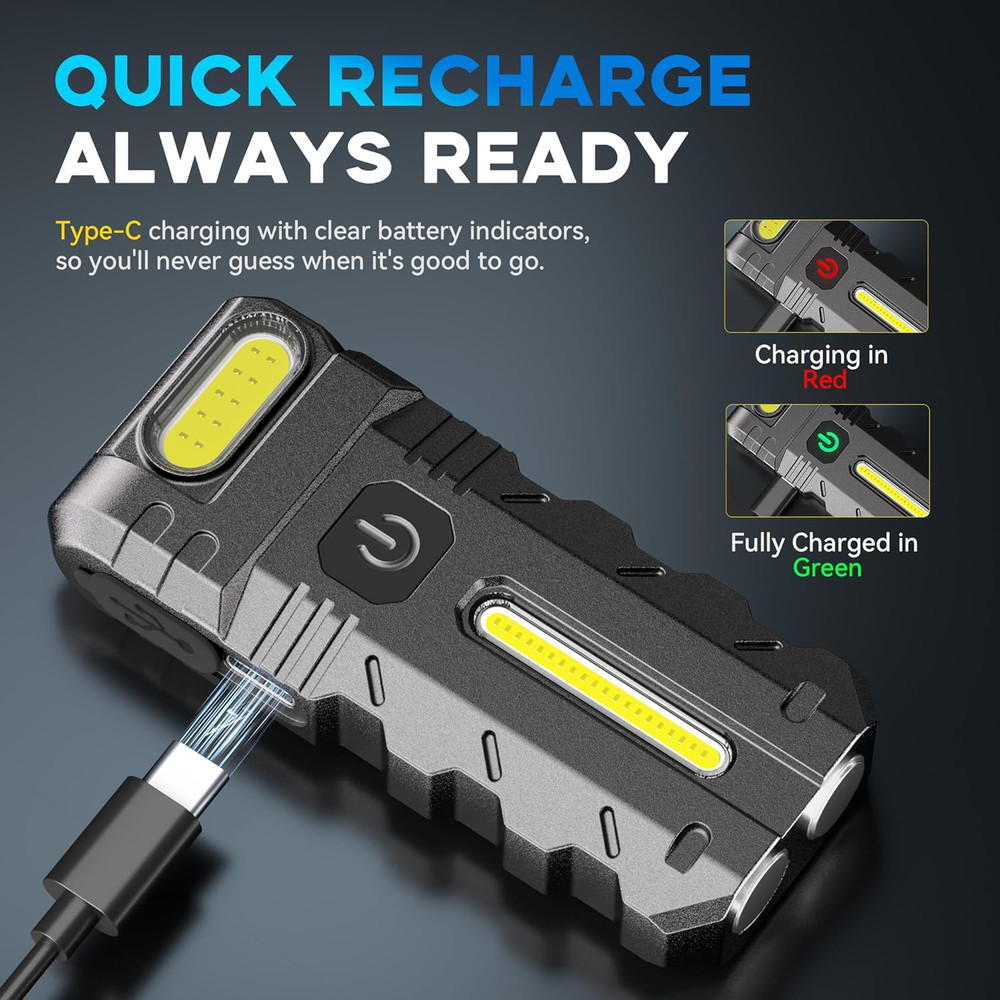 2PACK LED Flashlight Rechargeable, 600 Lumens Portable Flat Mini Flashlights wit