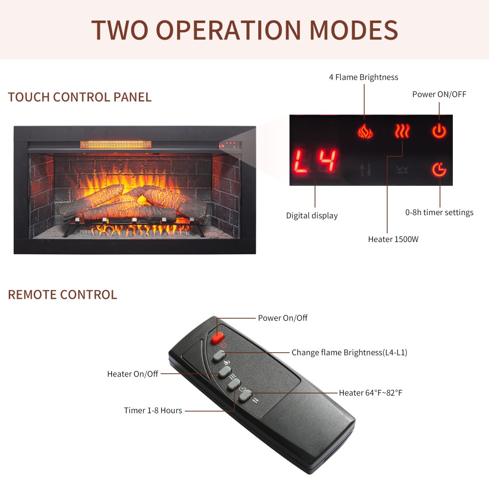 36" Infrared Electric Fireplace Insert w/ Touch Panel & Remote