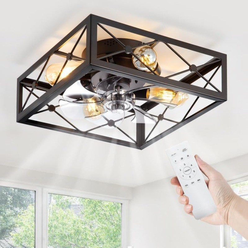 Caged Flush Mount Square Rustic Low Profile Ceiling Fans with Lights and Remote