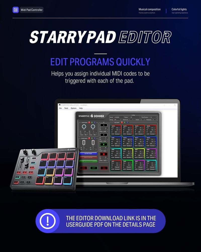 Donner Starrypad MIDI Pad Beat Maker Machine 16 Pad 2 Assignable Fader & Knobs