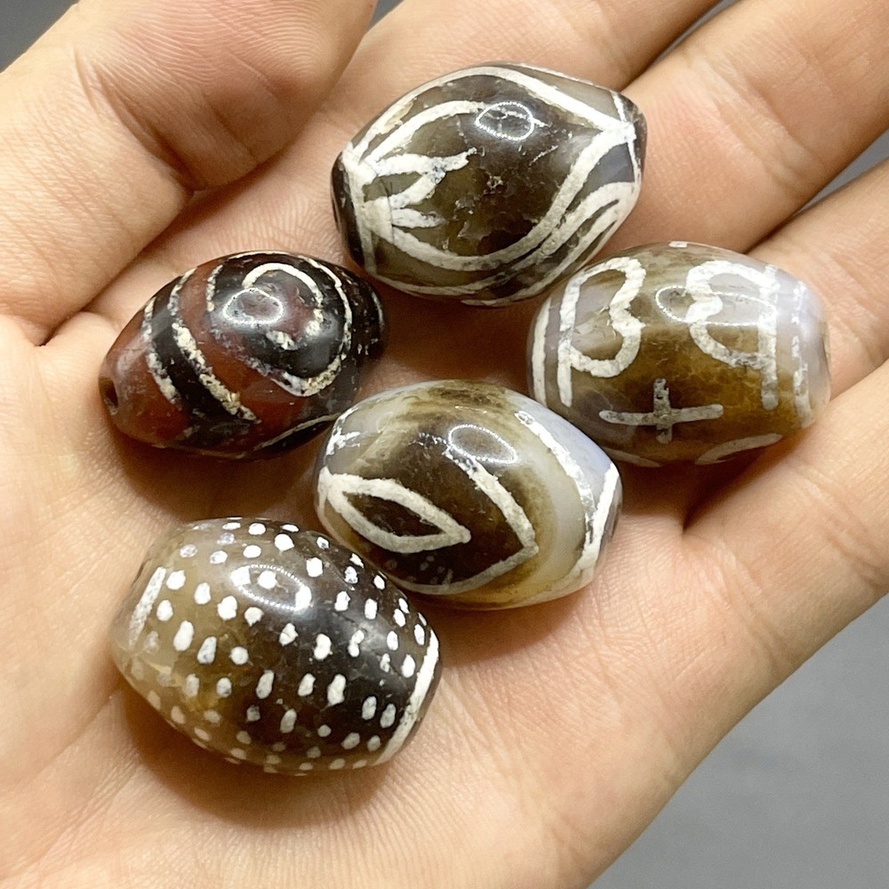 5 Pieces Ancient Central Asia Bactrian Agate Carnelian Beads With Patterns