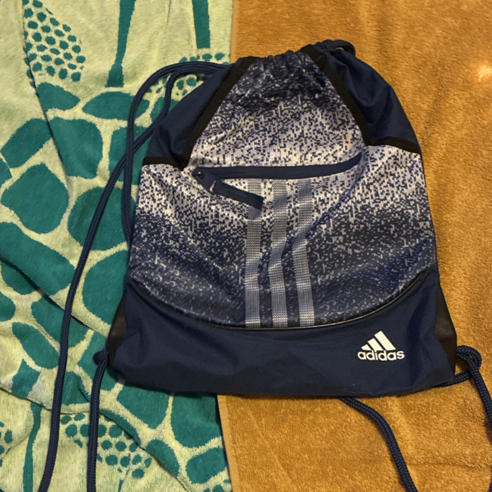 adidas Drawstring Gym Bag Blue White Zip Pocket Adjustable Strap Polyester