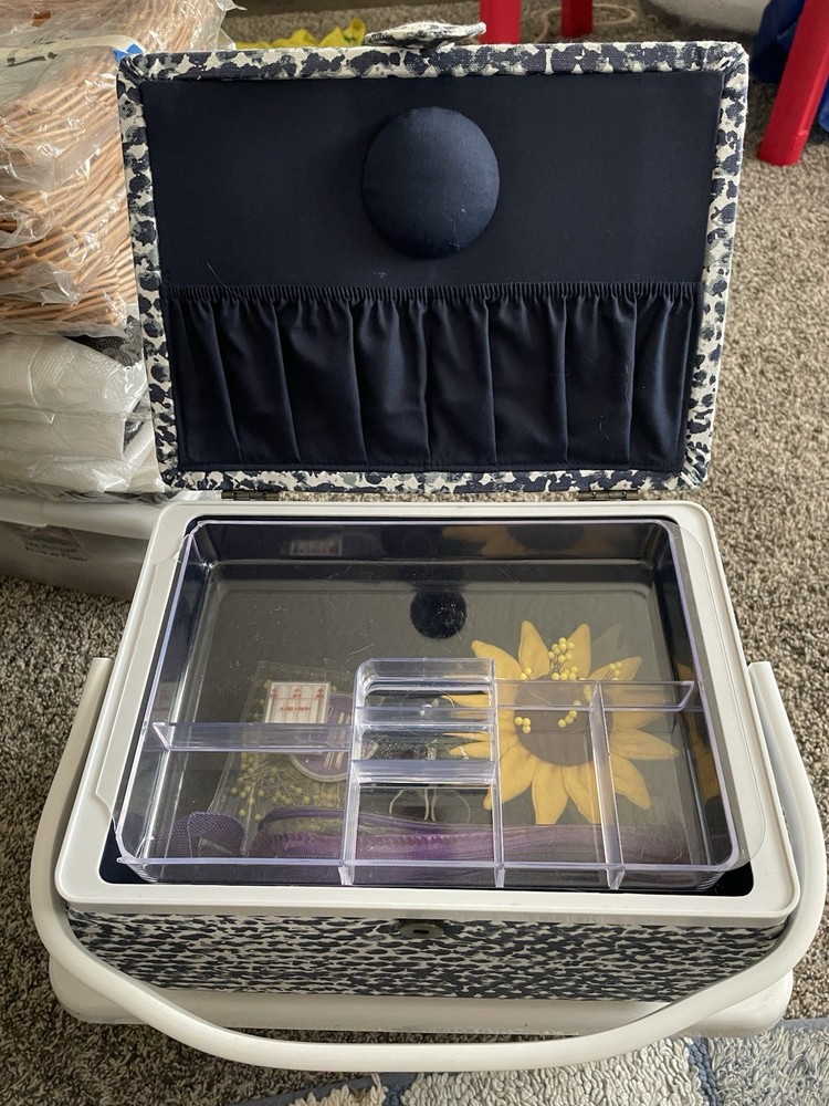 Cloth Covered Rectangle Sewing Basket.