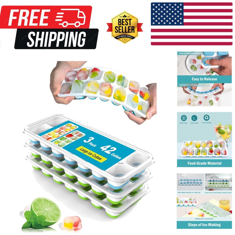 42 Ice Cubes Capacity - Stackable Easy-Release Silicone Ice Trays with Lids