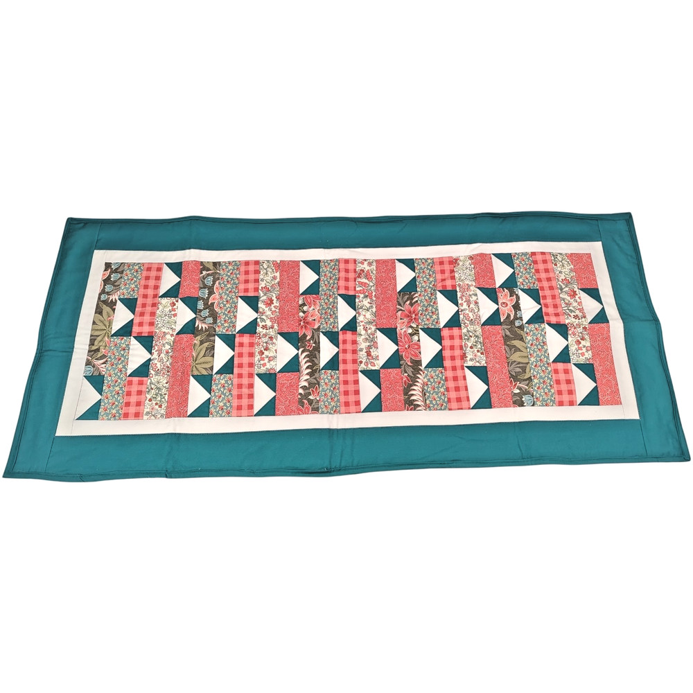 Handmade Patchwork Quilt Table Runner | Teal & Raspberry Pink Floral 44" x 19"