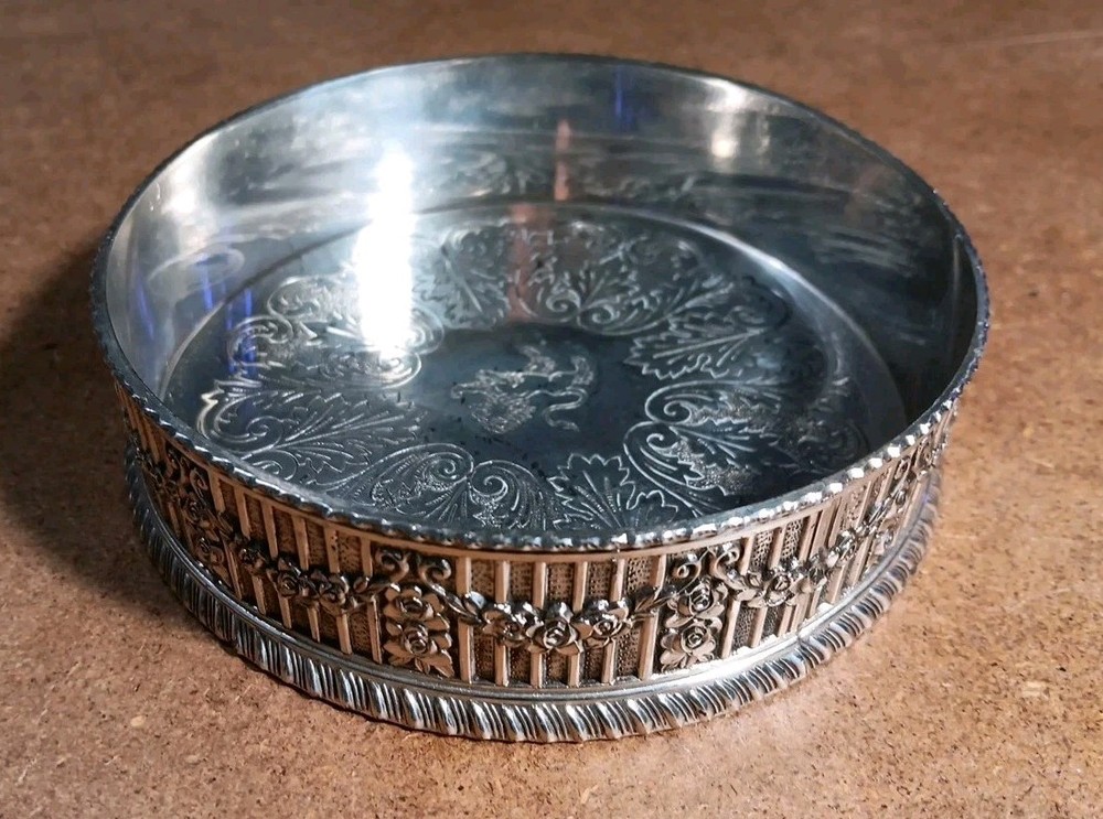 VINTAGE Silver Plate Etched Wine Bottle Holder Coaster 4.75" - From Japan