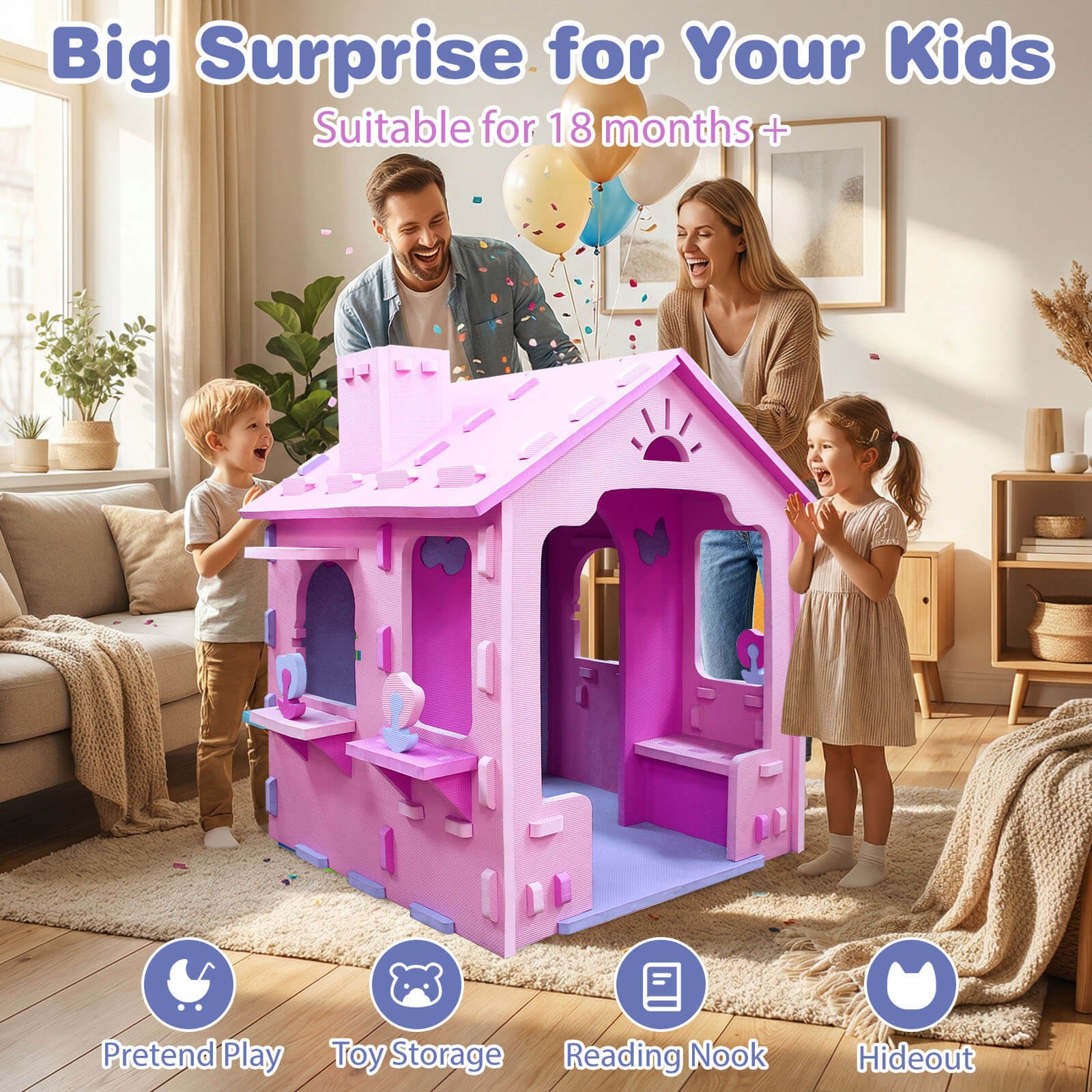 Kids EVA Foam Playhouse w/Roof, Chimney, Windows & Doorways for Boys & Girls