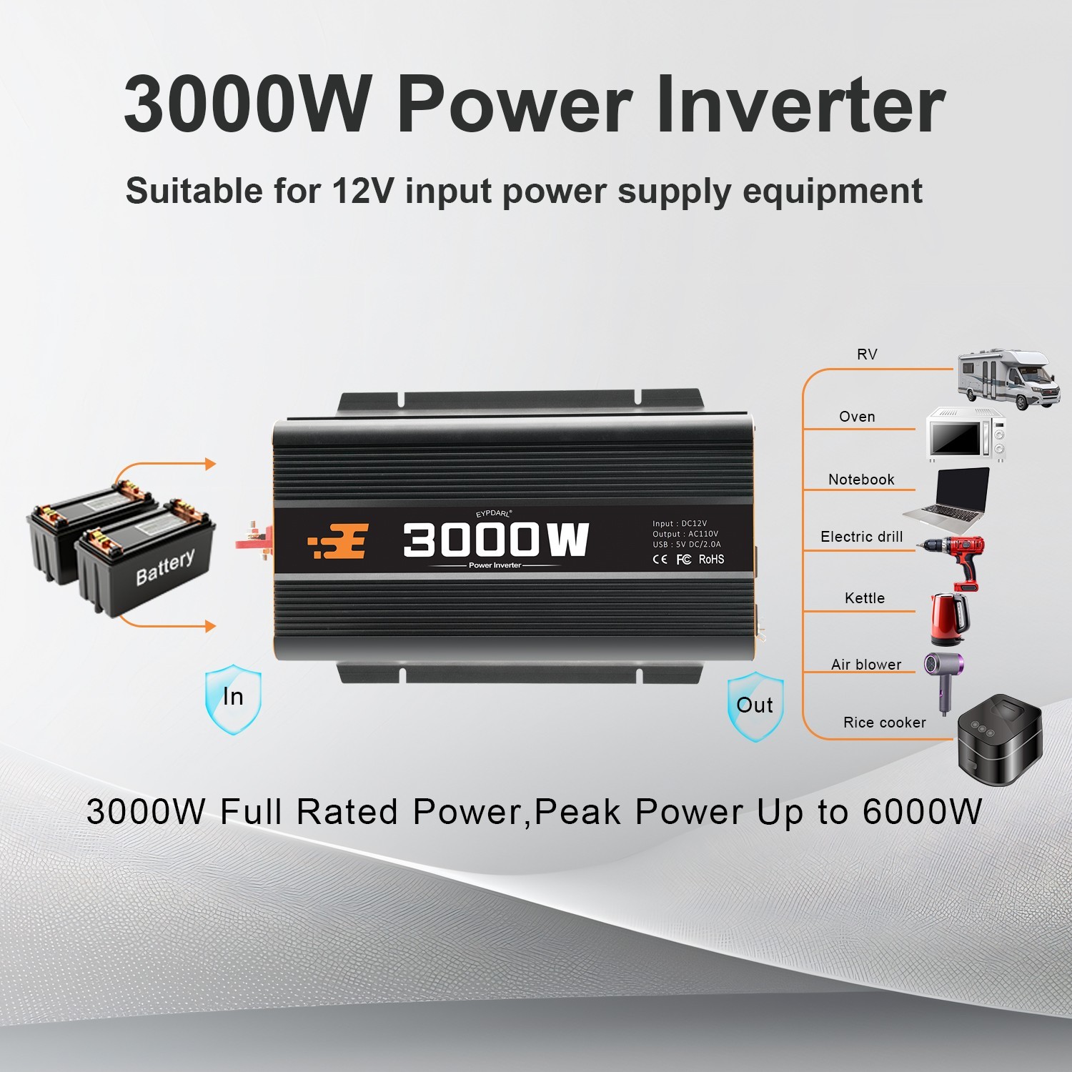 3000 watt car Power Inverter with Remote Controller, 12v dc to 110v ac inverter