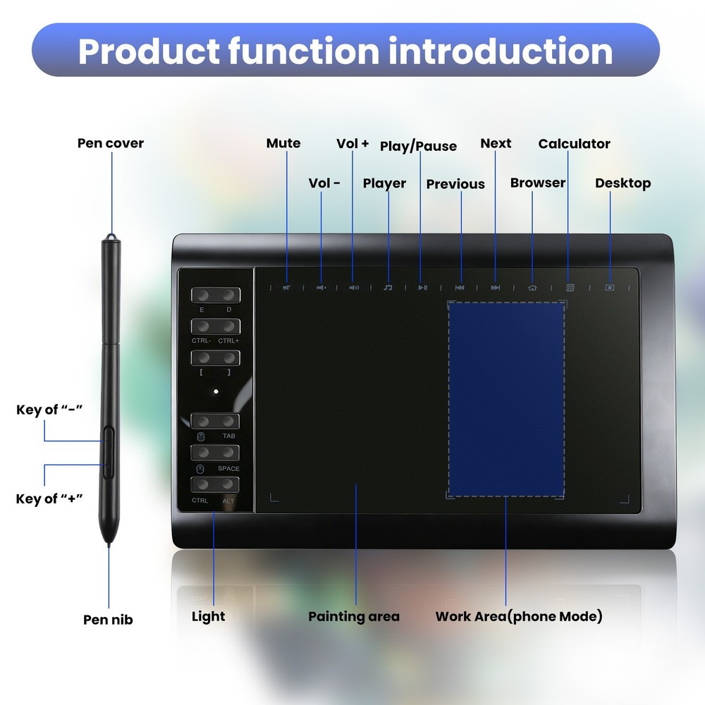 Drawing Tablet Large Area Graphics for Windows/Android/Mac+60°Tilt-Sensitive Pen