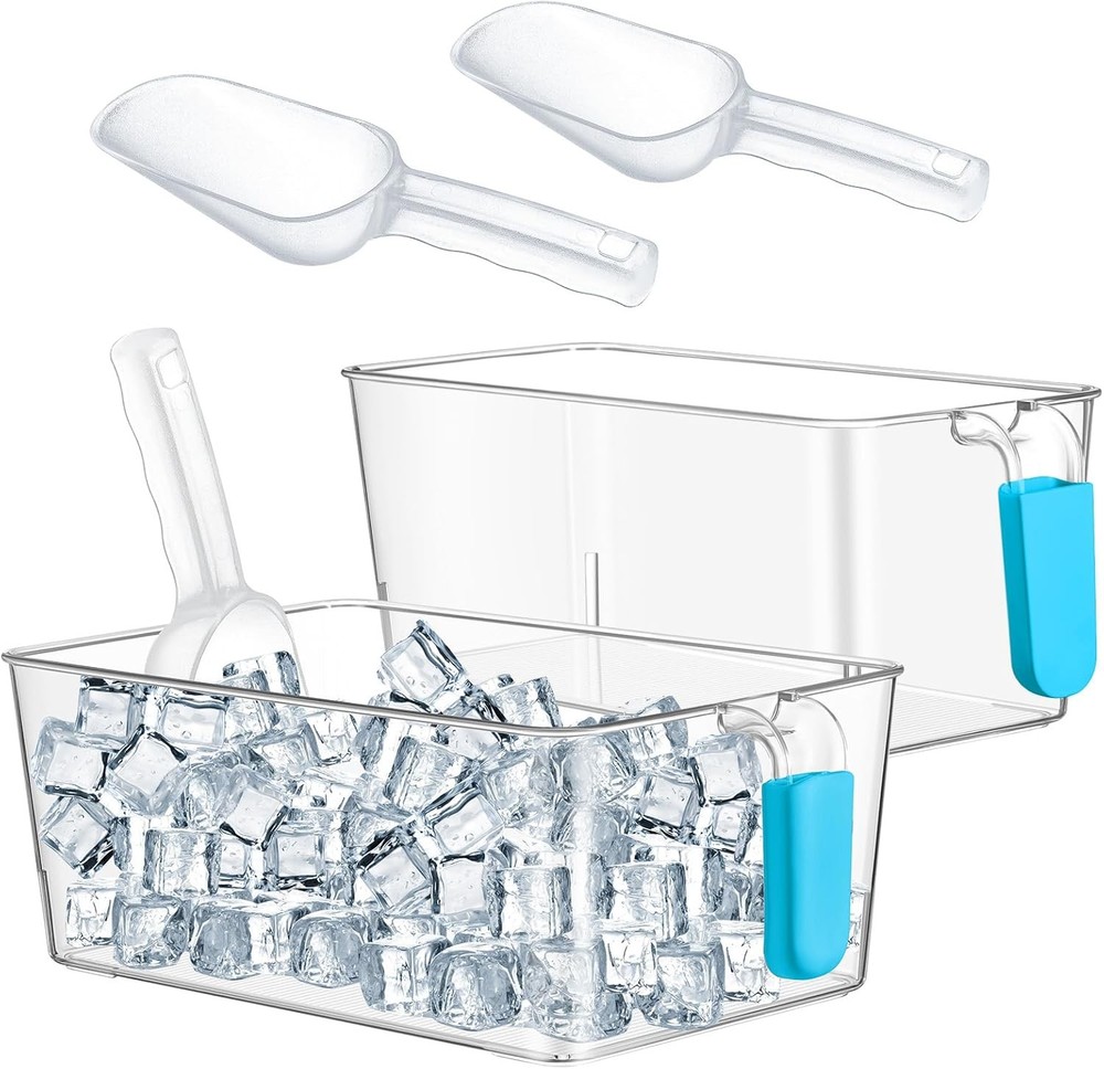 2 Set Ice Storage Bin & Flexible Scoop Set Plastic Freezer Bin W/ Pull out