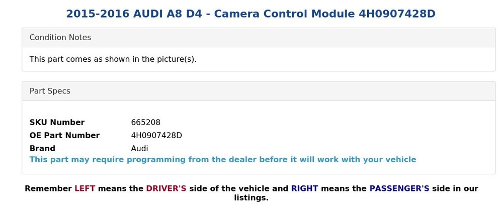 2015-2016 AUDI A8 D4 - Camera Control Module 4H0907428D