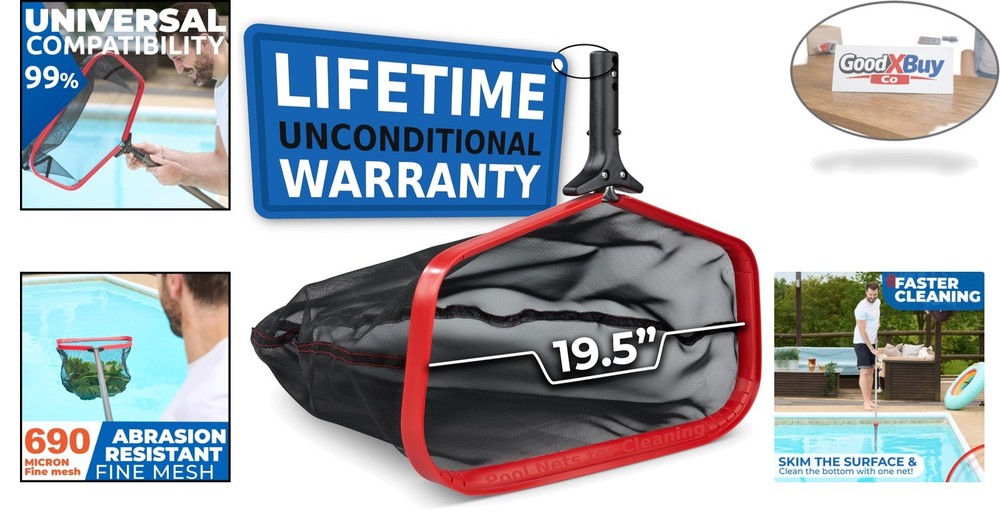 ProTuff 19In Pool Net for Pros - Lifetime Replacement - Fast Cleaning - Red -...