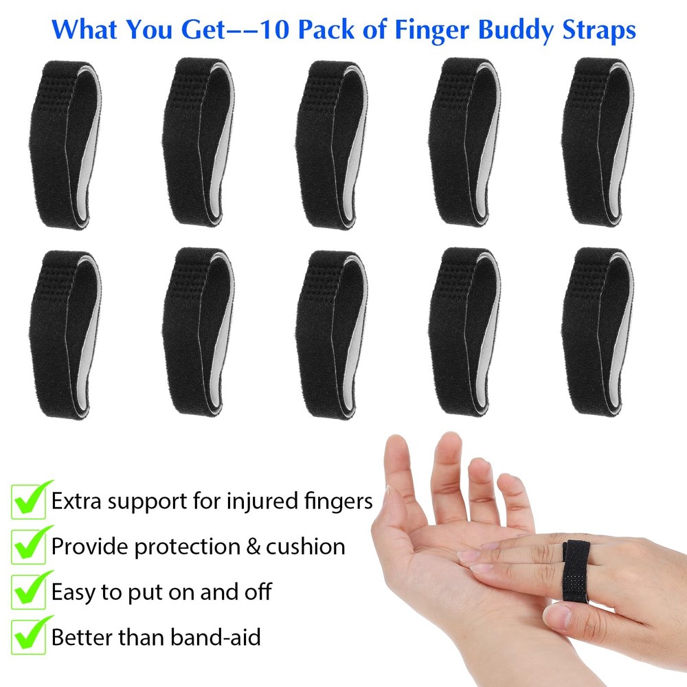 10 Pack Hook and Loop Finger Wrap, Washable and Reusable Buddy Straps for Finger