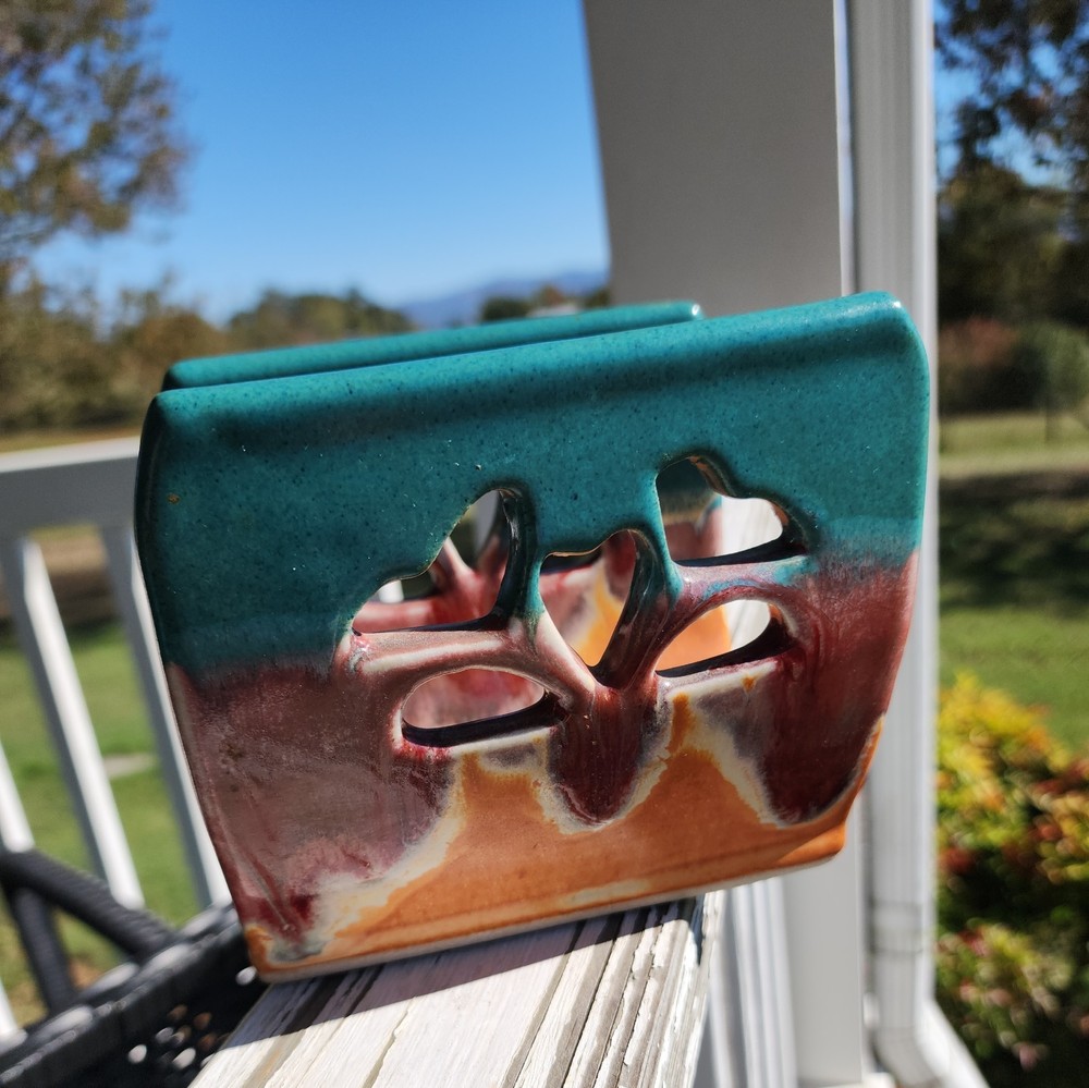 Handmade Pottery Napkin Holder Signed Glass