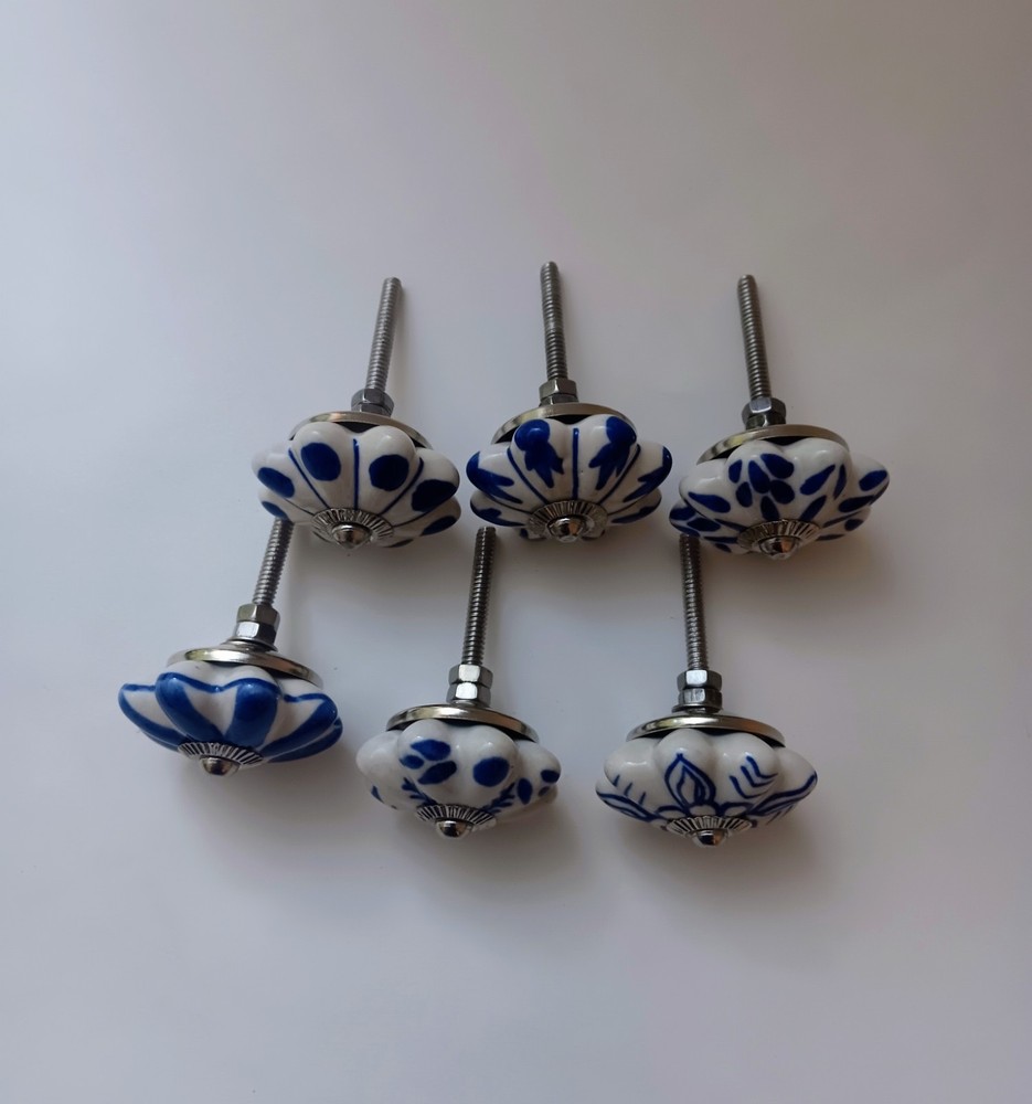 6 Porcelain Ceramic Blue & White Drawer Cabinet Door Knobs Handle Pulls 2"