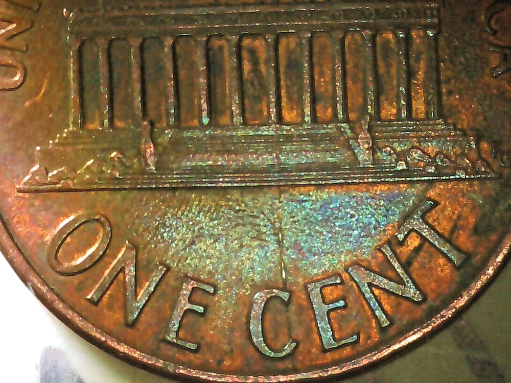 1994-P MEMORIAL CENT, REVERSE DIE CRACK ERROR, RD/BN COLOR, AU/MS, CIRCULATED