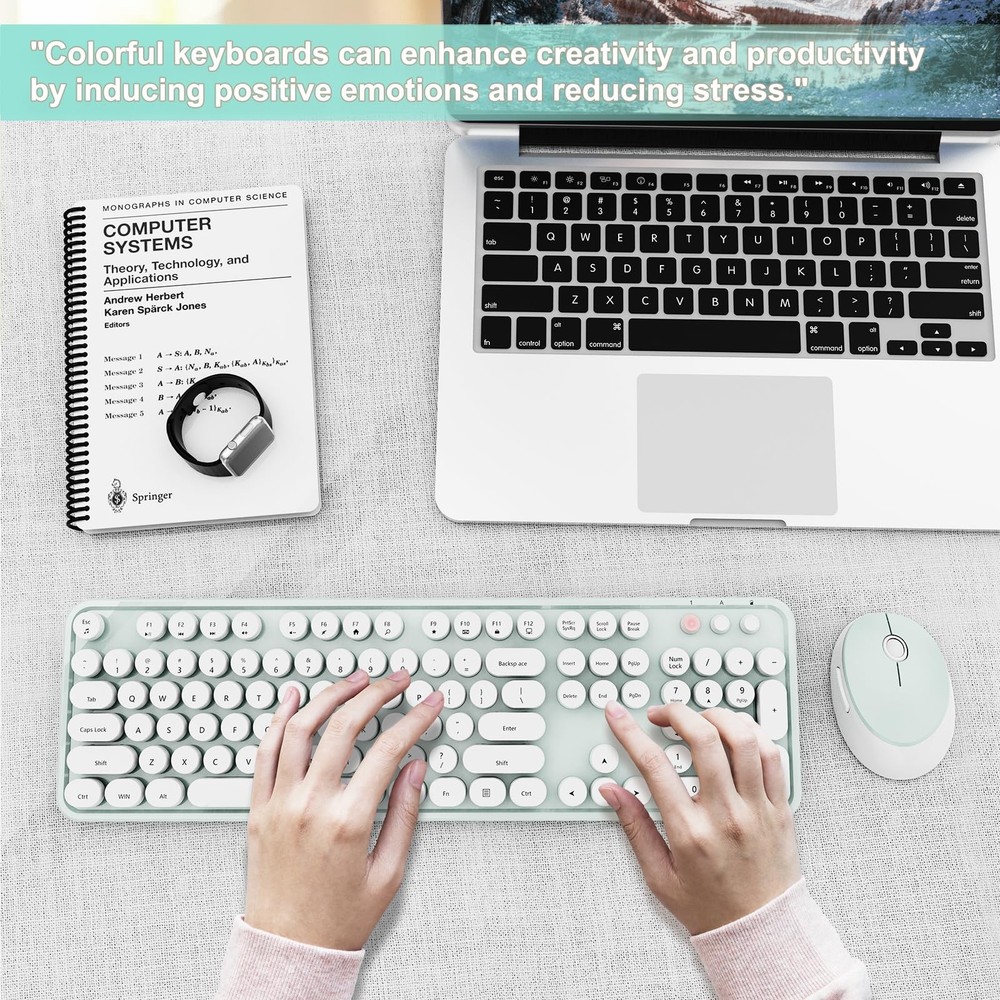 Wireless Keyboard and Mouse Combo Ergonomic Full Size Typewriter Retro Round ...