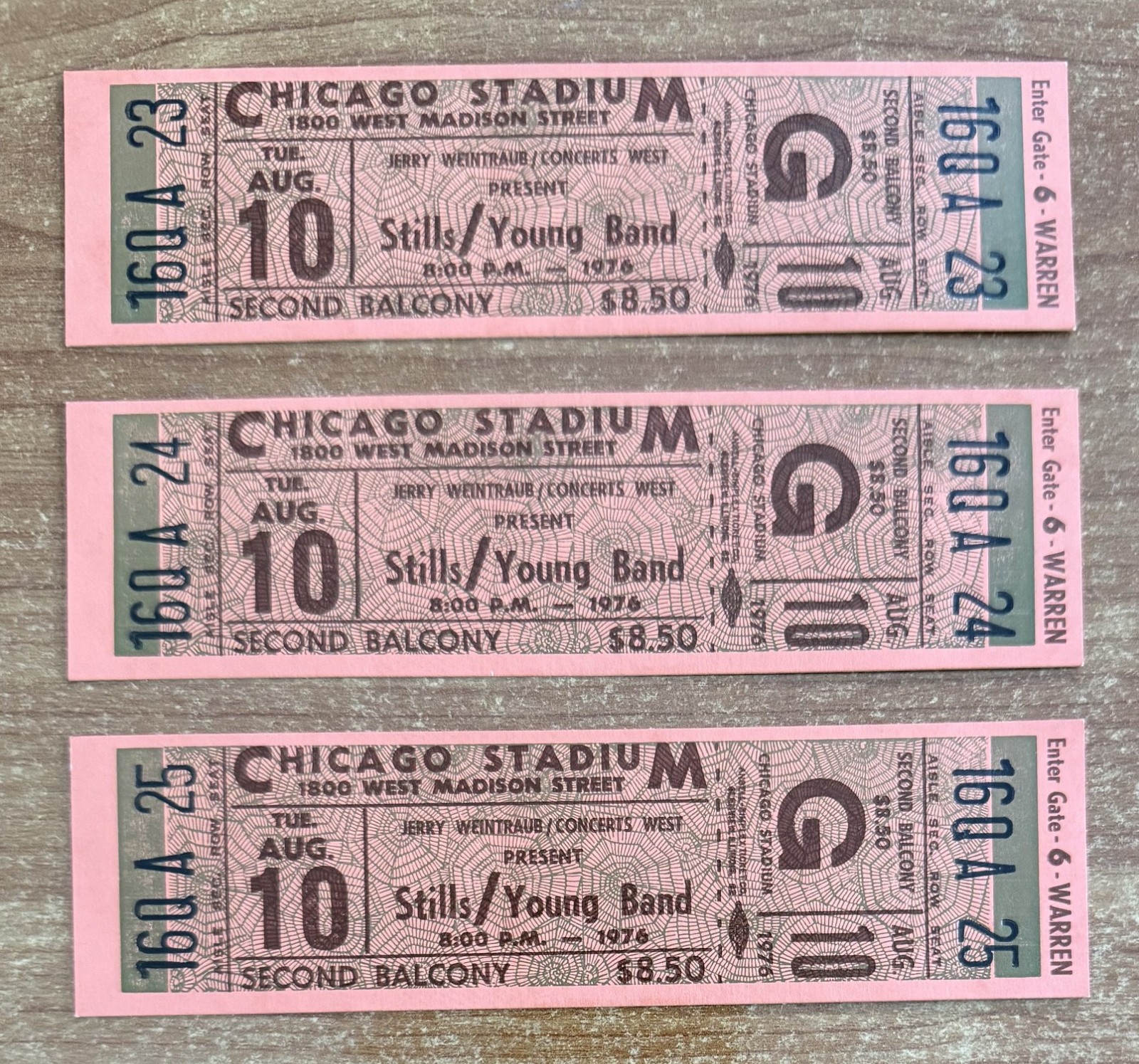 vintage LOT OF 3  1976 STEPHEN STILLS & NEIL YOUNG FULL CONCERT TICKET @ CHICAGO